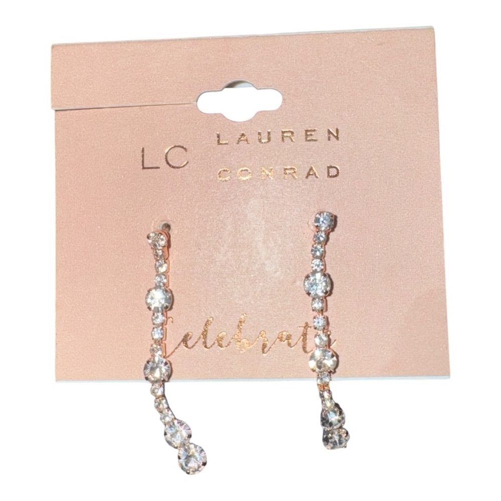 LC LAUREN CONRAD Rose Gold Tone Crystal Linear Drop Earrings NWT